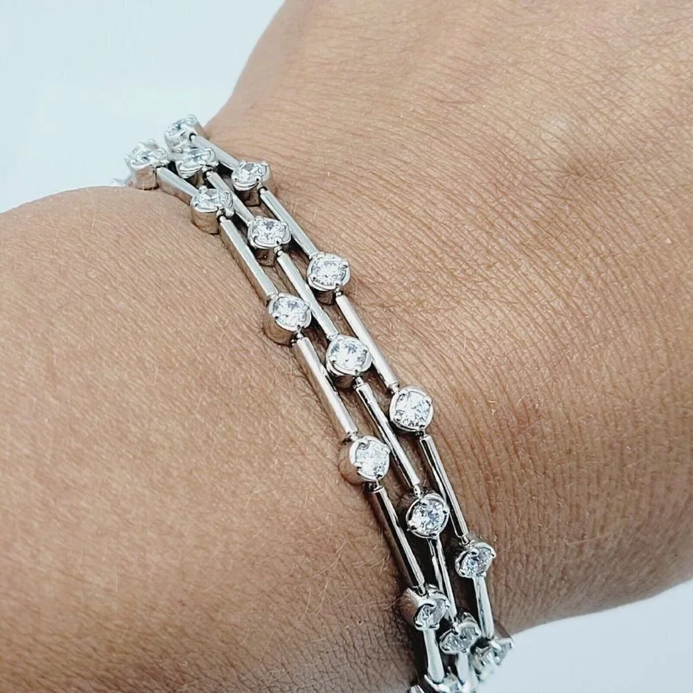 SW925CZ Sterling Silver Triple Strand Bracelet Cubic Zirconia Dbl Safety Clasp